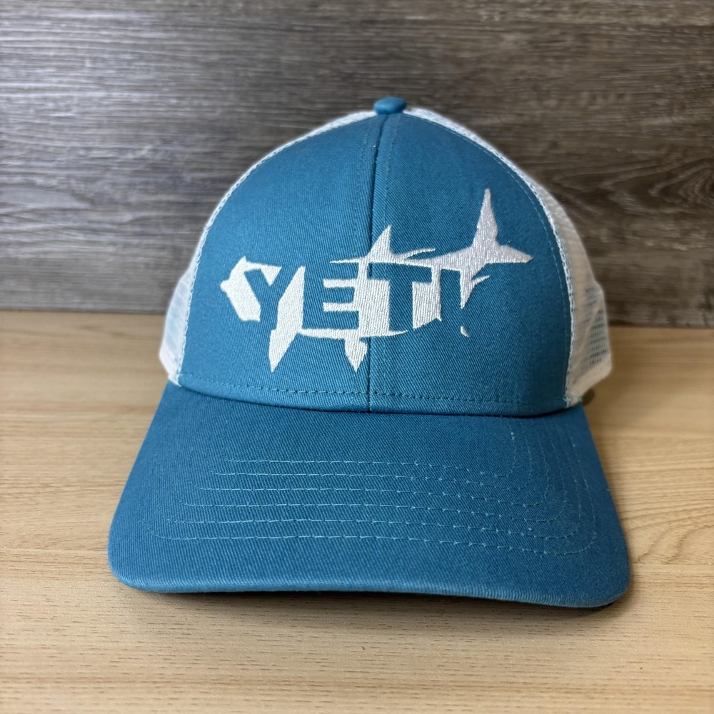 YETI Hat Cap Snap Back Teal White Trucker Mesh Embroidered Fishing Marlin Mens